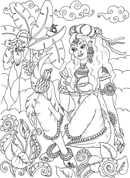 Kerala Mural Style Beautiful Woman Goddess Coloring Book Page Adults — Stock Photo, Image