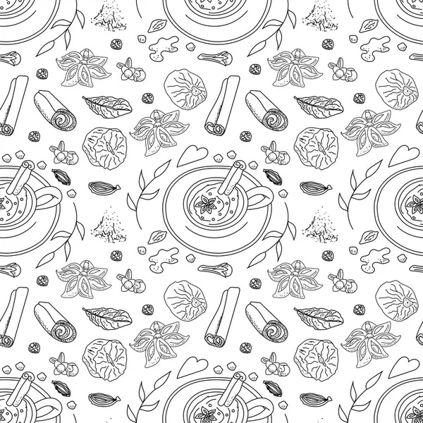 Masala chai çay ana hatları kusursuz desen, vektör