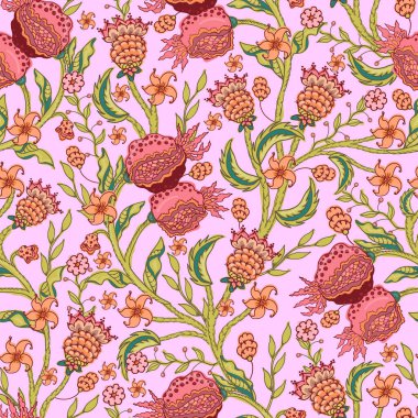 Nar çiçeği Hint tarzı, dikişsiz desen, vektör.