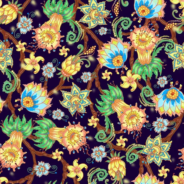 Indio Patrón Floral Tradicional Sin Costuras Colorido Sobre Fondo Oscuro — Foto de Stock