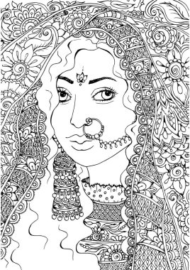 Hint kadının sari içindeki portresi, süslü yetişkin boyama kitabı sayfası, zentangle tarzı renk sayfası.