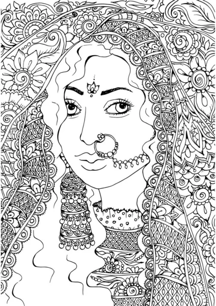 Hint kadının sari içindeki portresi, süslü yetişkin boyama kitabı sayfası, zentangle tarzı renk sayfası.