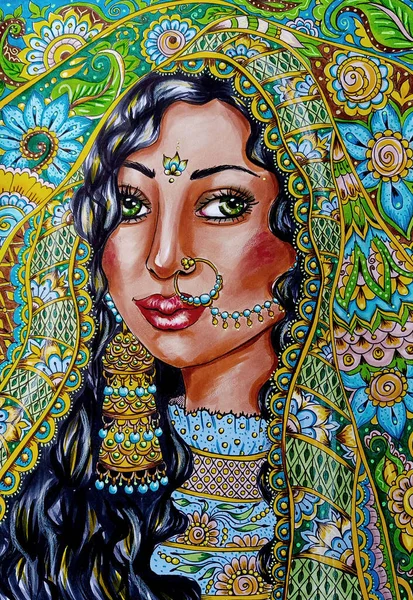 Mulher Indiana Saree Retrato Colorido Ilustração Com Fundo Padrão Ornamental — Fotografia de Stock