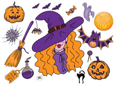 Beyaz arkaplanda izole edilmiş Cadılar Bayramı vektör elementleri