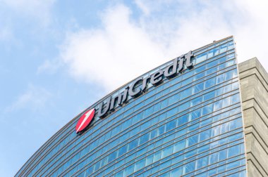 Milan, Italy - May 29, 2018: UniCredit sign at UniCredit tower in Milan. clipart