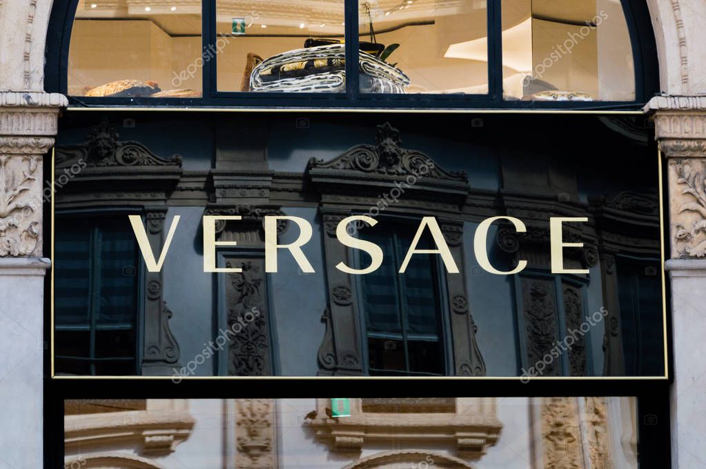 Milan, Italy - May 29, 2018: Versace logo at galleria Vittorio Emanuele II.