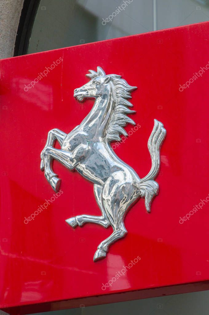 Milan, Italy - May 29, 2018: Metalic Ferrari logo.