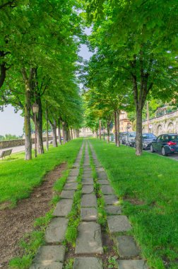 Via delle Mura sokak Bergamo, İtalya boyunca ağaçlar arasında patika.