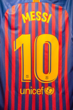 Barcelona, İspanya - 7 Haziran 2018: Messi ve T-shirt Futbol Club Barcelona 10 numara.
