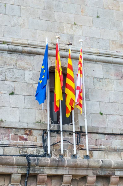 Flags of the European Union, Spain, Catalonia and Barcelona.