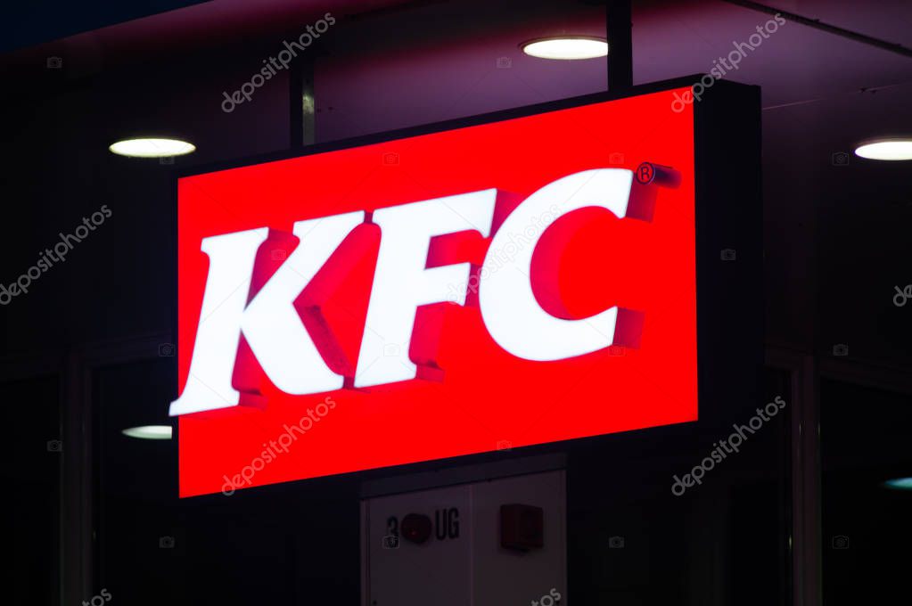 Berlin, Germany - August 15, 2018: The light box of KFC. Kentucky fried chicken is American fast food restaurant.