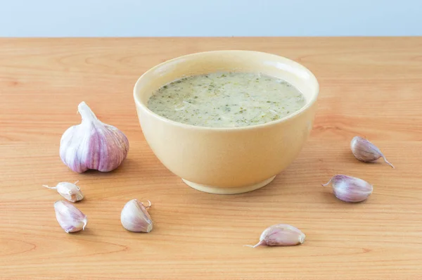 Garlic Soup Bowl Wooden Table — Stock Photo, Image