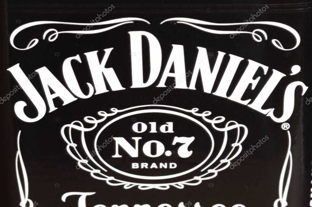 Pruszcz Gdanski, Poland - September 18, 2018: Close-up for  Jack Daniel's logo on bottle of Jack Daniel's No. 7