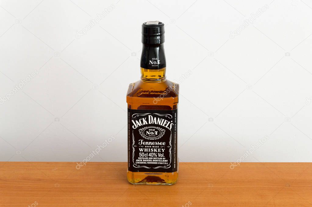 Pruszcz Gdanski, Poland - September 18, 2018: Bottle of Jack Daniel's No. 7. Jack Daniel's is a brand of Tennessee whiskey and the top-selling American whiskey in the world.