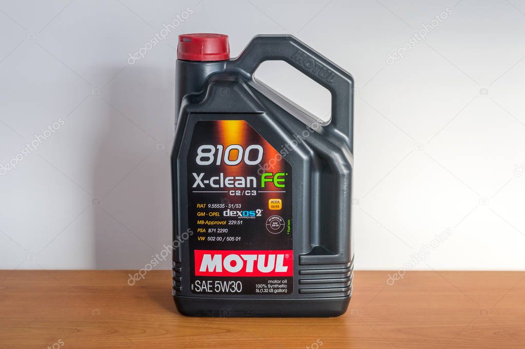 Pruszcz Gdanski, Poland - December 31, 2018: 5L plastic bottle of motor oil Motul 8100 X-Clean FE C2/C3 5W30.