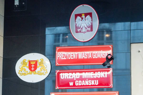 Gdansk Polonia Enero 2019 Inscripción Polaco Alcalde Ciudad Gdansk Con — Foto de Stock