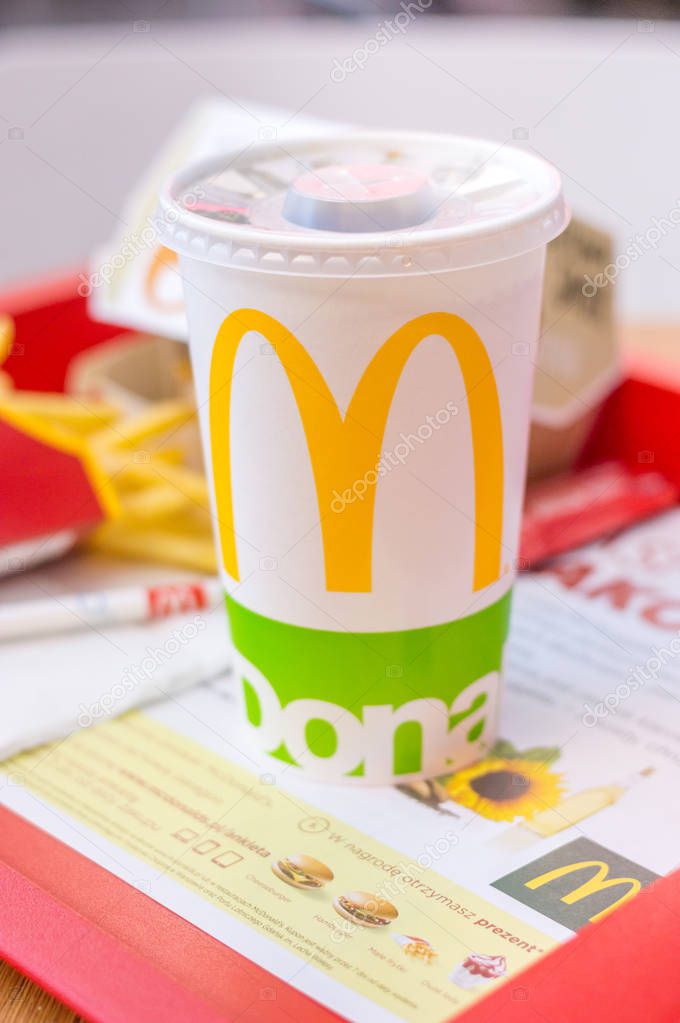 Gdansk, Poland - February 7, 2019: McDonald cup with Coca-Cola.