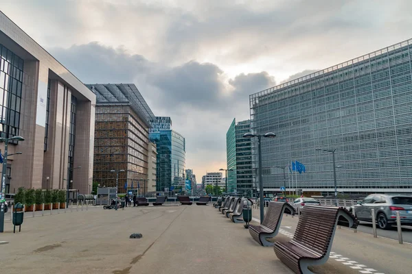 Brussels, Belgium - June 5, 2019: View between Council of the European Union and Berlaymont, European Commission headquarters buildings at sunset time.