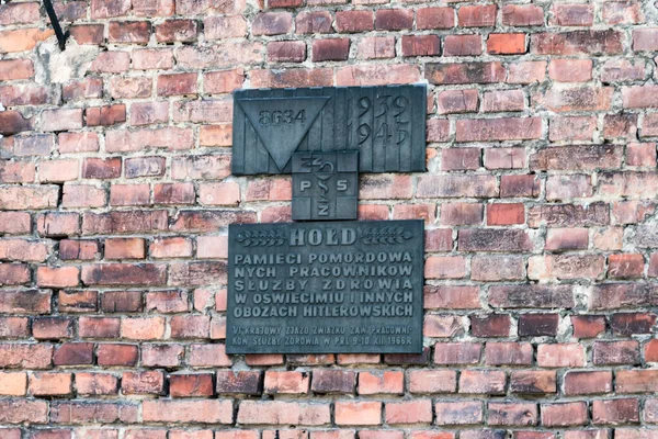 A plaque commemorating the murdered health workers in Oswiecim and other Nazi camps. Plaque in Auschwitz I, Former German Nazi Concentration and Extermination Camp. — Stock Photo, Image