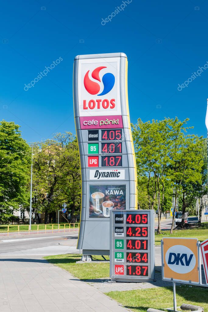 Elblag, Poland - May 31, 2020: Electric price board on Lotos gas station.