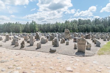 Wolka Okraglik, Polonya - 2 Haziran 2020: Treblinka II 'deki anıt mezar taşlarını simgeleyen 17.000 taş ocağı.