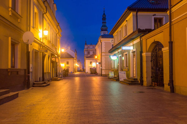 Zamosc, Poland - June 12, 2020: Night view in old town Zamosc.