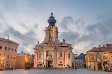 Wadowice, Poland - June 15, 2020: Early morning view on Minor Basilica of St. Mary in Wadowice. clipart