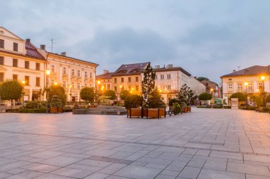 Wadowice, Poland - June 15, 2020: John Paul II square at night. Wadowice is a birthplace of John Paul 2. clipart