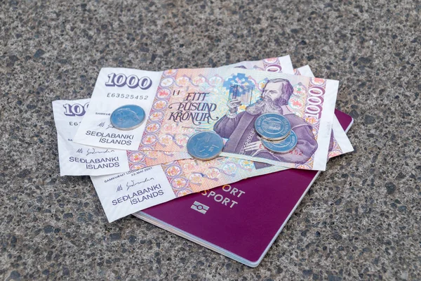 Паспорт Исландскими Кронами Банкнот Монет — стоковое фото