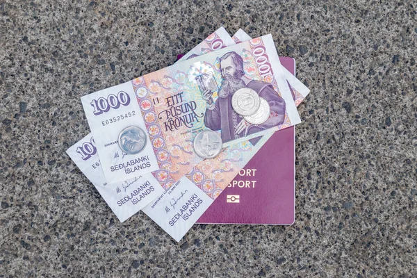 用冰岛克朗钞票和硬币看护照的头像 — 图库照片