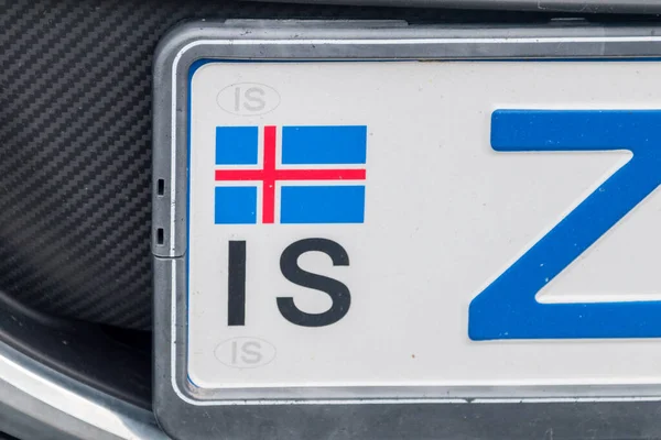 Close-up for Iceland flag on Vehicle registration plates.