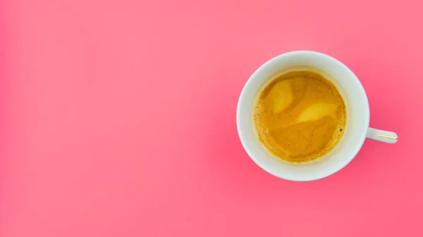 Cup Tasty Espresso Coffee Pink Background Copy Space Top View — Stock Photo, Image