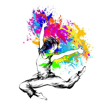 Dancing girl with color splashes on white background. Vector illustration clipart