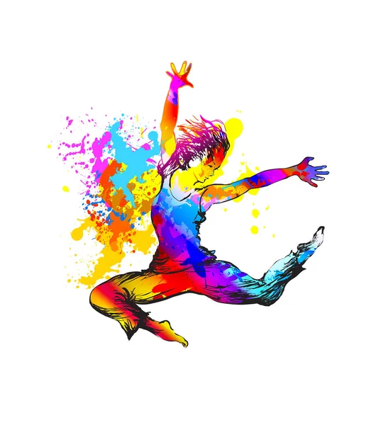 跳舞的女孩与颜色飞溅在白色的背景 矢量插图 — 图库矢量图片