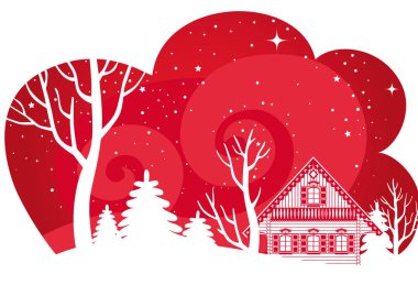 Ahşap bir ev, ağaçlar ve blizzard ile güzel bir gece kış manzara.