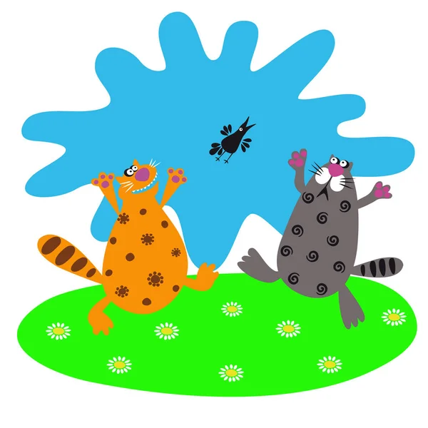 Two Fat Funny Cats Catch Bird Green Flower Meadow — Stock Vector