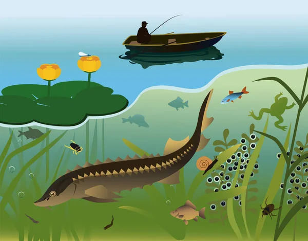 A lake with freshwater fish, animals, insects, aquatic plants, flowers and a fisherman in a boat.
