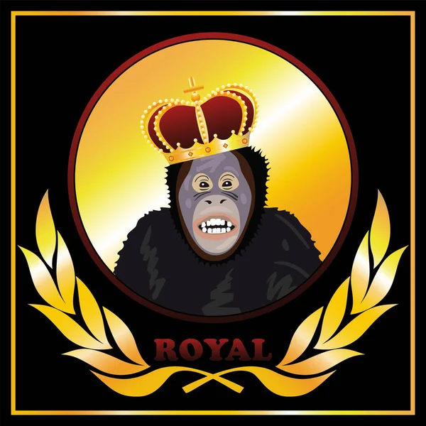Emblem Λογότυπο Σχεδιασμό Μια Ευτυχισμένη Μαϊμού Στο Βασιλικό Στέμμα Μαύρο — Διανυσματικό Αρχείο