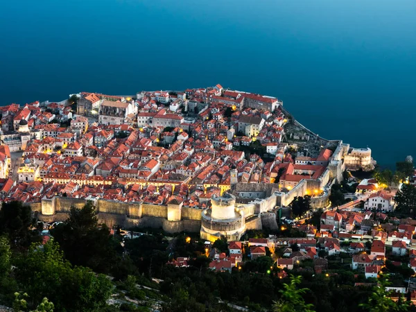 Hermosa Fotografía Nocturna Ciudad Dubrovnik Croacia Desde Arriba Incluyendo Las — Foto de Stock