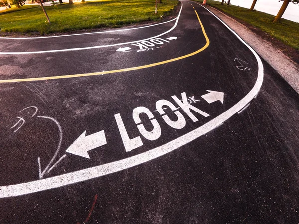 Photograph of a brand new bike path in Chicago with the word \'Look\' painted in white lettering warning pedestrians of passing bicycles.