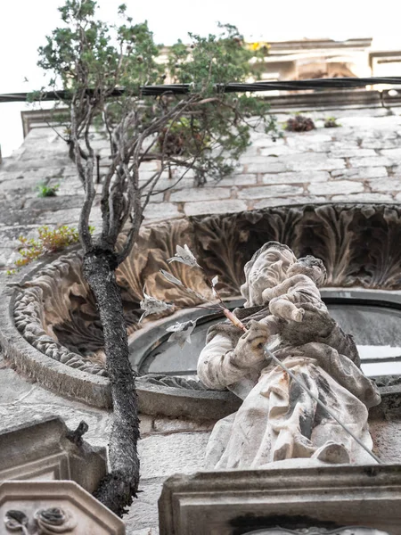 Closeup View Joseph Statue Cypress Tree Growing Out Pod Pediment — Stock Photo, Image