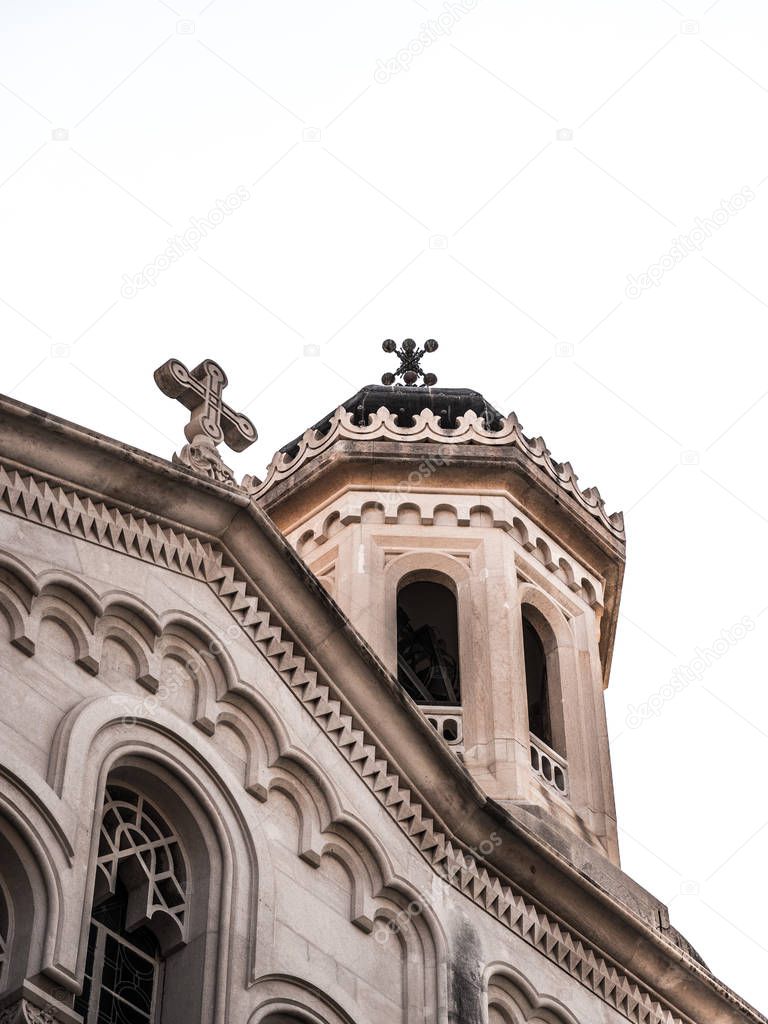 Close up detail and ornamentation and bell tower photograph of the Church of Holy Annunciation in Old Town in Dubrovnik Croatia.