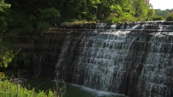 Panning Shot Beautiful Thunder Bay Waterfall Water Pouring Rocky Stepped — Stock Video