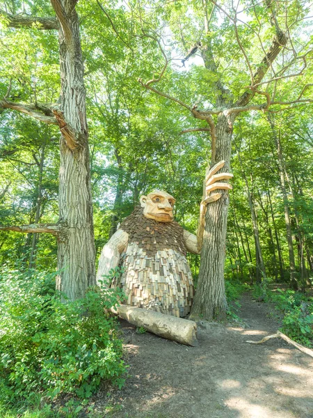 Lisle, IL - 7 Temmuz 2018: Thomas Dambo tarafından inşa edilmiş geri kereste oluşturulan dev dev heykeller Morton Arboretum 2019 yazında aracılığıyla şimdi ziyaretçiler eğlendirmek.