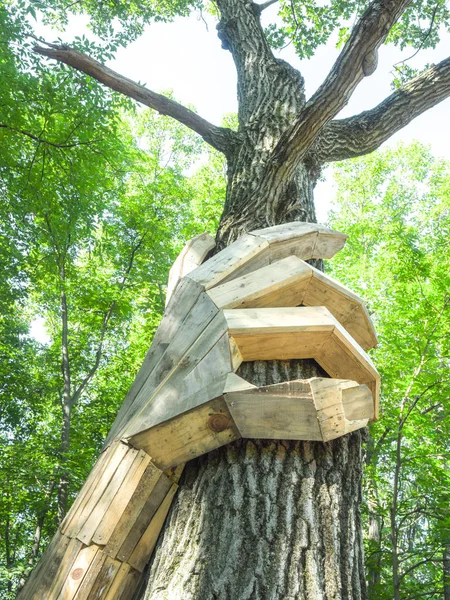 Lisle, IL - 7 Temmuz 2018: Thomas Dambo tarafından inşa edilmiş geri kereste oluşturulan dev dev heykeller Morton Arboretum 2019 yazında aracılığıyla şimdi ziyaretçiler eğlendirmek.