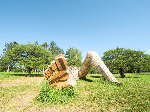 Lisle, IL - July 7th, 2018: Giant troll sculptures created from reclaimed lumber designed and built by Thomas Dambo amuse visitors of the Morton Arboretum now through the summer of 2019.