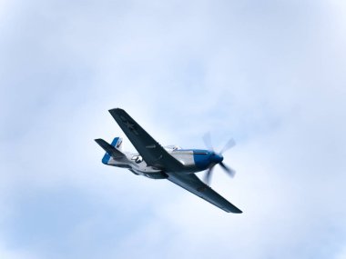 Chicago, IL - 17 Ağustos 2018: Bir P-51 mustang ek yükü mirasın geçişi için uygulamaları sırasında yıllık hava ve su gösterisi sırasında uçar.