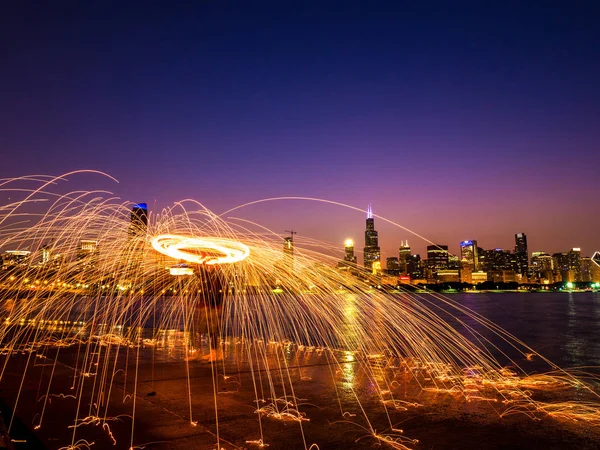 Beautiful Photograph Steel Wool Spark Spinner Lake Michigan Pink Purple — Stock Photo, Image