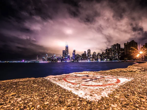 Vacker Dramatisk Natt Fotografi Centrala Chicago Över Oak Street Beach — Stockfoto