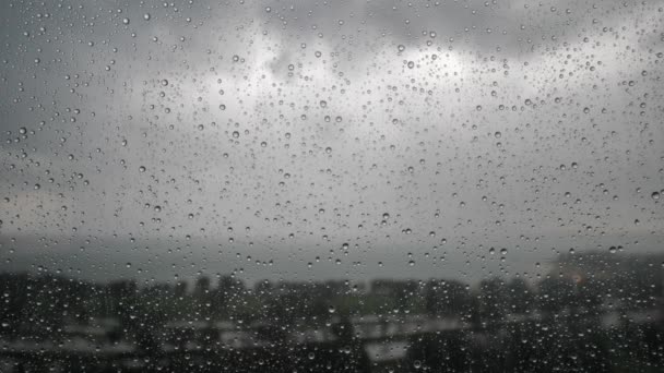 Video Rain Drops Collecting Transparent Glass Window Pane Gloomy Cloudy — Stock Video